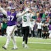 Vikings defensive tackle Harrison Phillips celebrated — and Jets quarterback Mike White (5) didn’t — after a Vikings defensive stop during the s
