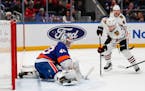 Islanders goaltender Semyon Varlamov makes a save against the Blackhawks Sunday