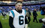 FILE - Carolina Panthers quarterback Baker Mayfield (6) walks off the field after his teams loss to the Baltimore Ravens after an NFL football game Su