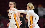 Gophers freshman guard Mara Braun, left, and Katie Borowicz celebrated a three-pointer from Braun against Wake Forest last Wednesday at Williams Arena