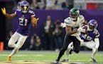 Vikings cornerback Akayleb Evans (21) returned Sunday against the Jets from a two-game absence from a Nov. 13 concussion, but will miss next Sunday’