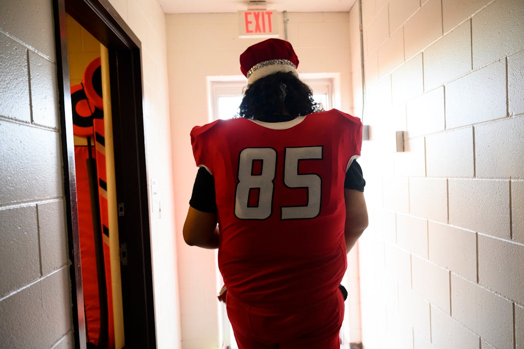 Red Lake senior and homecoming king Justin Brown wore his crown out of the locker room before a September game.