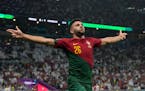Portugal’s Goncalo Ramos celebrated after scoring one of his three goals during a 6-1 victory over Switzerland in the World Cup round of 16 in Lusai