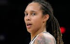 FILE - Phoenix Mercury center Brittney Griner during the first half of Game 2 of basketball’s WNBA Finals against the Chicago Sky, Oct. 13, 2021, in