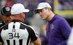 Minnesota Vikings head coach Kevin O’Connell, right, talks with referee Clete Blakeman, left, during Sunday’s game against the Jets.