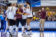 The Gophers celebrated a point during their four-set loss to Ohio State on Thursday in the NCAA Sweet 16.