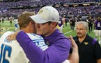 Minnesota Vikings head coach Kevin O’Connell greets Detroit Lions quarterback Jared Goff (16) after the teams played in September.