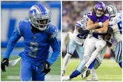 Lions receiver Jameson Williams, left, and Vikings tight end T.J. Hockenson are on their current teams because of two unusual trades between NFC North