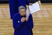 Keegan Cook of Washington, shown here coaching the Huskies in the Final Four in 2021, is the new Gophers volleyball coach.