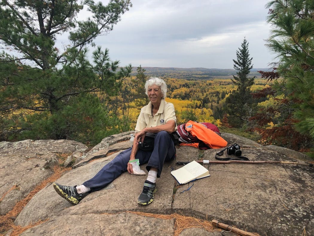 Joan Young, taking a break on the Border Route Trail.