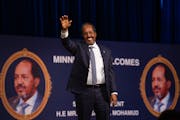 Somali President Hassan Sheikh Mohamud responded to the welcome from a cheering crowd of hundreds Thursday night at the Minneapolis Convention Center.