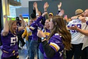 Minnesota Vikings fans celebrated at Off the Rails Public House after the Vikings came back to beat the Indianapolis Colts in overtime at U.S. Bank St