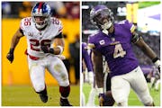 Saturday’s game between the Vikings and the Giants features two of the top running backs in the NFL, Saquon Barkley, left, and Dalvin Cook. 