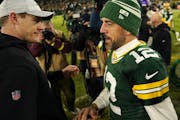 Vikings head coach Kevin O’Connell greets Green Bay Packers quarterback Aaron Rodgers after Sunday’s game.