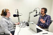 Ash Miller and Eric Roper recording an episode of the Curious Minnesota podcast in December.