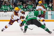 Gophers forward Mason Nevers, above against North Dakota, has seven goals and nine assists through 20 games this season. Minnesota plays St. Cloud Sta