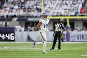 Minnesota Vikings wide receiver Justin Jefferson (18) in action against the New York Giants during the first half of an NFL football game Saturday, De
