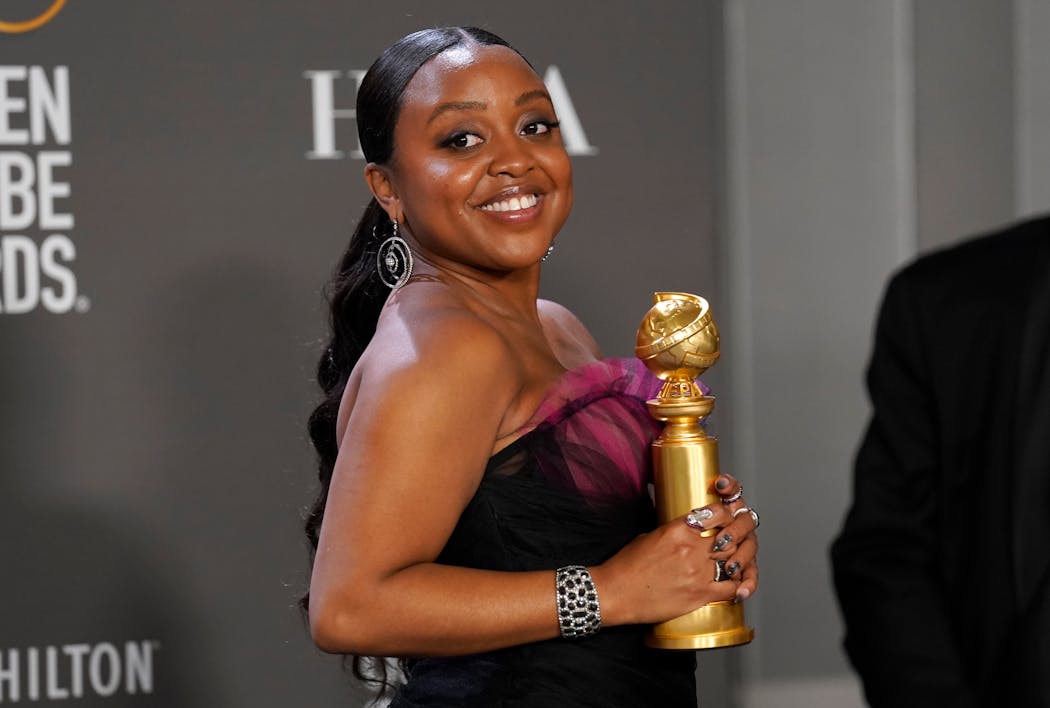 Quinta Brunson posed in the press room with the award for best performance by an actress in a television series, musical or comedy for “Abbott Elementary” at the 80th annual Golden Globe Awards at the Beverly Hilton Hotel on Tuesday. 