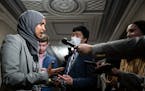 Rep. Ilhan Omar, speaking to reporters in November, said threats against her increase when Republicans target her. 