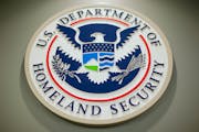 The Department of Homeland Security logo is seen during a news conference in Washington, Feb. 25, 2015. 