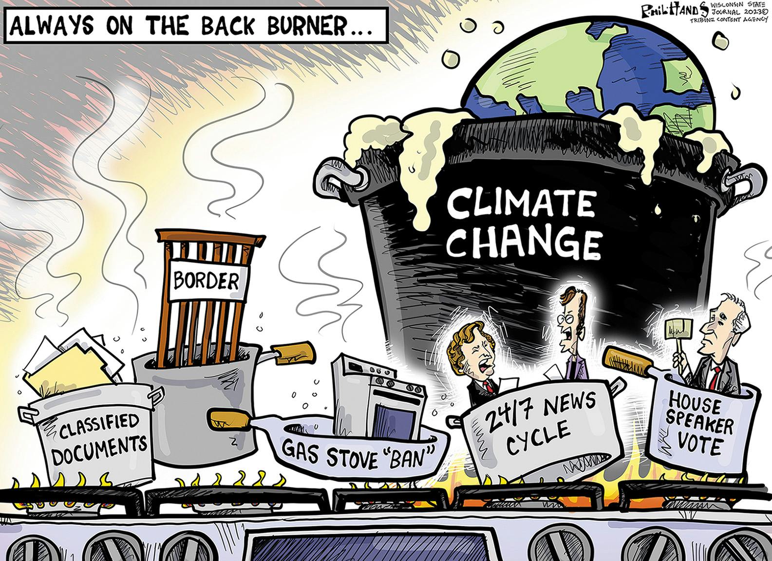 Editorial cartoon: Climate change on the back burner