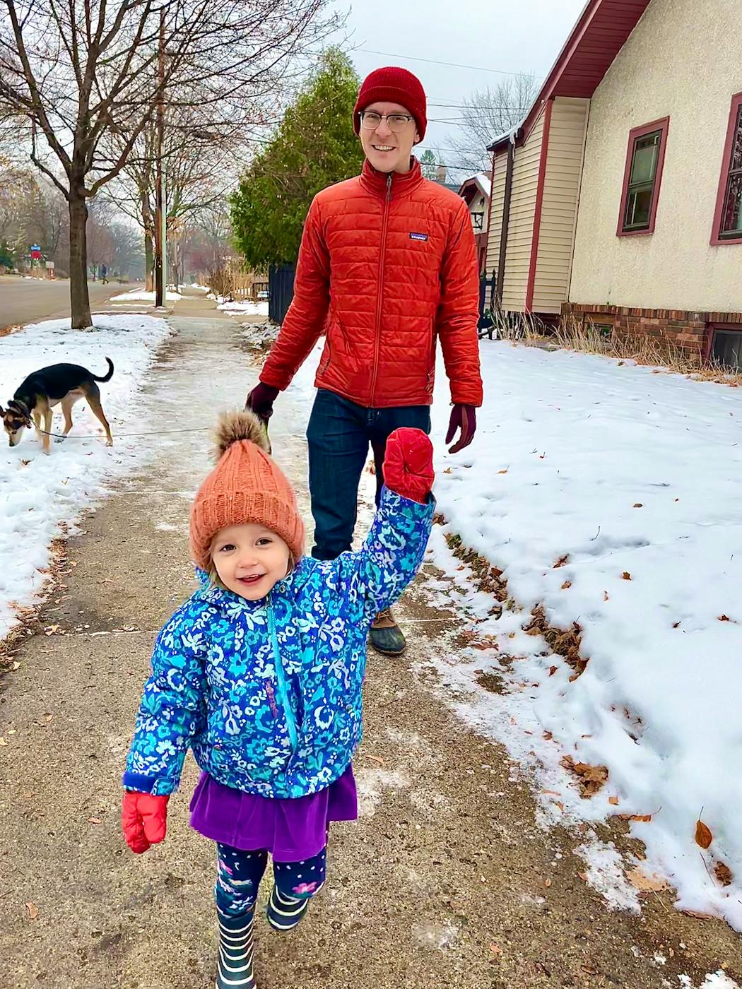 Dr. Chase Shutak, a pediatrician at Children’s Minnesota, took a wintry walk with daughter Solveigh, who on this day acquiesced to warm clothing.