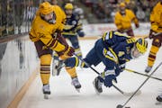 The Gophers’ Bryce Brodzinski, left, and Michigan’s Gavin Brindley battled for the puck during the first period Saturday night.