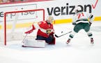 Wild winger Brandon Duhaime went in for a shot against Panthers goaltender Alex Lyon on Saturday.