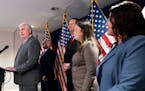 Majority Whip Rep. Tom Emmer, R-Minn., accompanied by other House GOP leaders, speaks at a news conference on Capitol Hill in Washington, Wednesday, J