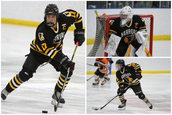 Clockwise from left: Warroad’s Jason Shaugabay, Hampton Slukynsky and Carson Pilgrim are prominent players on what appears to be Minnesota’s best 