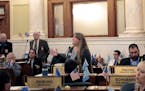 South Dakota Sen. Julie Frye-Mueller speaks in a Senate session, Thursday, Jan. 26, 2023 in Pierre, S.D.. She was suspended from holding lawmaking pow