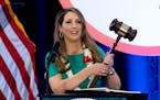 Re-elected Republican National Committee Chair Ronna McDaniel holds a gavel while speaking at the committee’s winter meeting in Dana Point, Calif., 