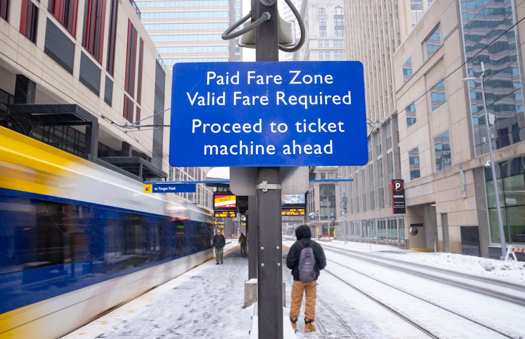 The fare zone at the Nicollet Mall station in downtown Minneapolis.