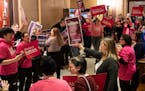 Pro Choice and Pro Life protesters faced off outside the House Chamber Thursday, Jan. 19, 2023 St. Paul, Minn. This was the first day an abortion bill
