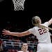 Stanford forward Cameron Brink blocked a shot by Oregon forward Taylor Hosendove, one of a school-record 10 she swatted in a 62-54 victory Sunday. Bri