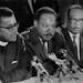 During the Memphis sanitation strike in 1968, the Rev. Martin Luther King Jr. held a news conference with the Rev. James M. Lawson Jr. (left) and the 