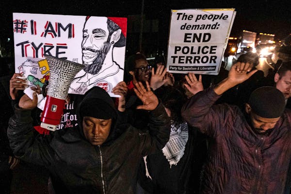 Protesters rally against the fatal police assault of Tyre Nichols, in Memphis, Tenn., on Jan. 27, 2023.