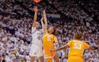 LSU guard Alexis Morris (45) shot over Tennessee guard Jasmine Powell (15) in the first half on Monday.