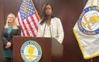 Cook County, Ill., State’s Attorney Kim Foxx, center, announced Monday, Jan. 30, 2023, in Chicago that she is dropping sex abuse charges against sin