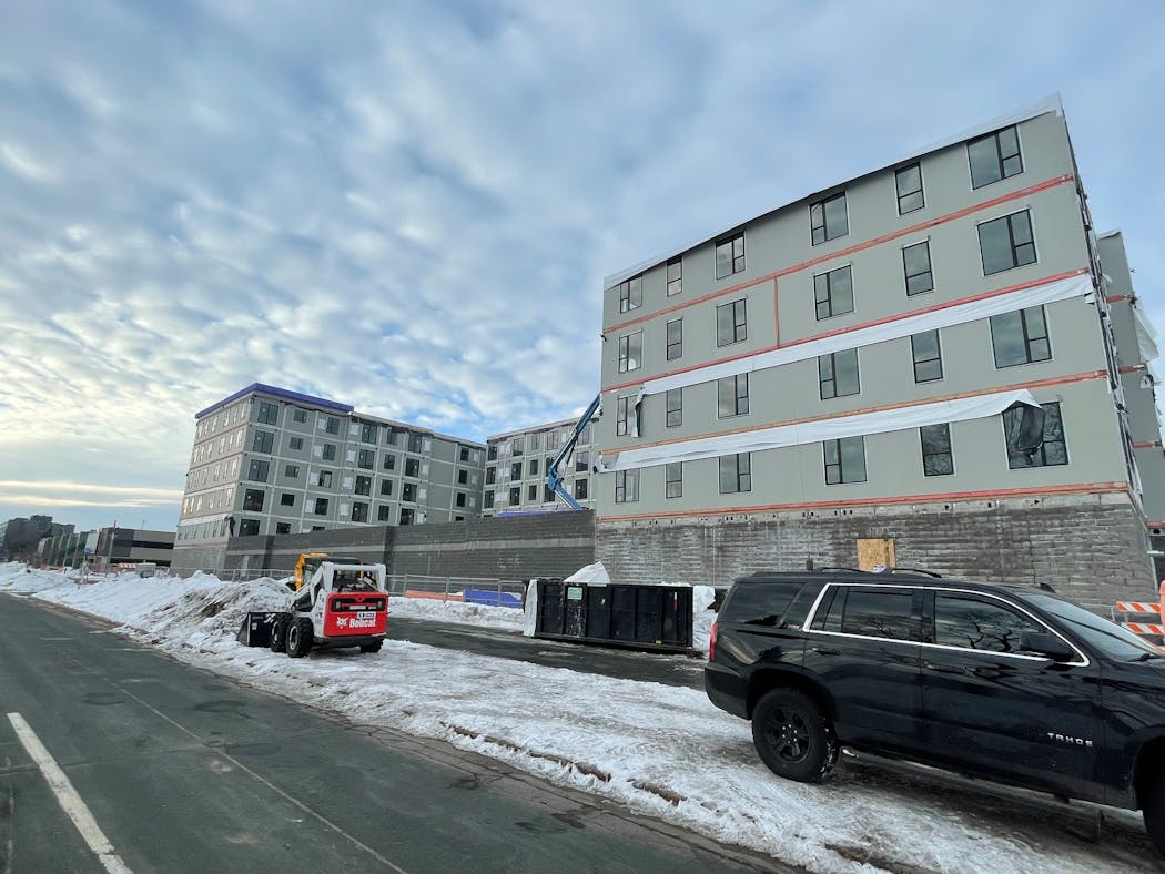 Pentagon Village is a 202-unit apartment complex that was built in modules by Rise Modular in Owatonna, Minn. The modules were trucked to the site on W. 77th Street in Edina and lifted into place by crane.
