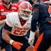 O’Cyrus Torrence (56) practiced for the Senior Bowl on Wednesday in Mobile, Ala. The offensive lineman used the transfer portal to follow his coach 