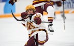 Minnesota Gophers forward Abbey Murphy (18) celebrates her goal against Ohio State in the third period.