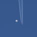 A large balloon drifts above the Kingston, N.C. area, with an airplane and its contrail seen below it. 