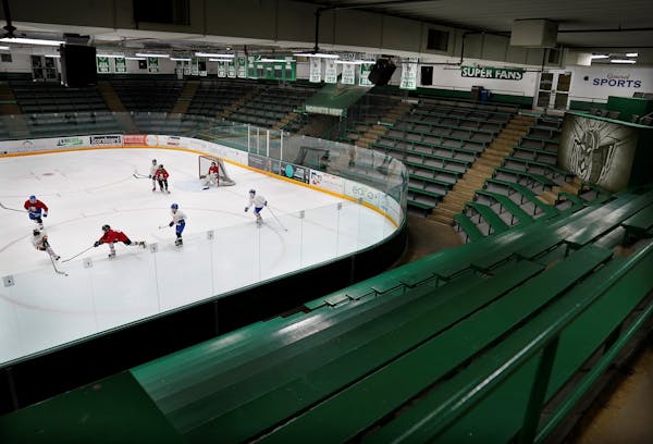 Surrounded by old, wooden bleachers, Breakaway Academy 5th graders practice hockey in the West rink at the City of Edina's aged Braemar Arena-- the ki