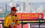 NASCAR Cup Series driver Joey Logano speaks to reporters ahead of practice sessions before a NASCAR exhibition auto race at Los Angeles Memorial Colis
