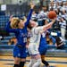 Wayzata’s Brynn Senden tried a reverse layup against Hopkins’ Jazmine Dupree-Hebert when those teams met in mid-January, a Hopkins victory. They m