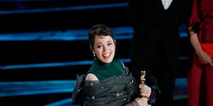 Olivia Colman after winning the award for best actress for her role in "The Favourite" during the 91st annual Academy Awards at the Dolby Theater in L