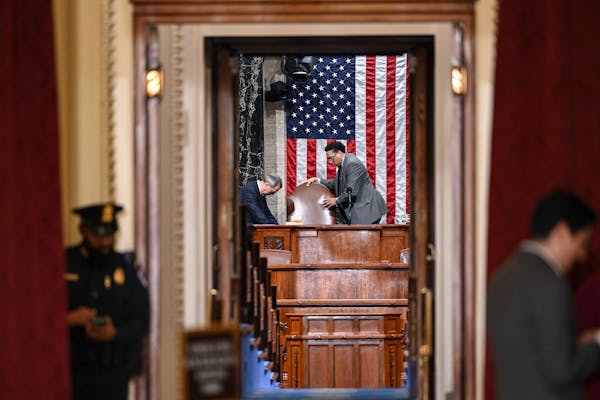 The House chamber is prepped ahead of President Joe Biden’s State of the Union address, at the Capitol in Washington on Tuesday, Feb. 7, 2023. 