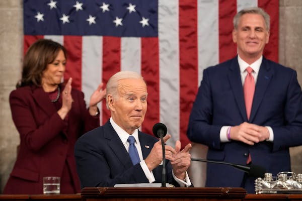 President Joe Biden delivered the State of the Union address to a joint session of Congress at the U.S. Capitol on Tuesday. Behind him were Vice Presi
