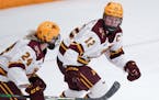 Gophers forward Grace Zumwinkle (12, shown in 2021) was named January’s national co-player of the month by the Hockey Commissioners Association on T